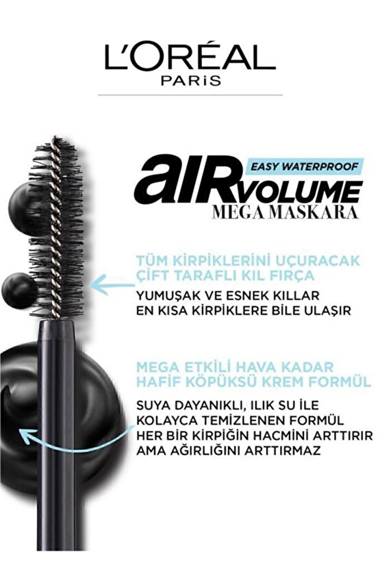 Loréal Paris Air Volume Mega Easy Waterproof Suya Dayanıklı Maskara - Siyah