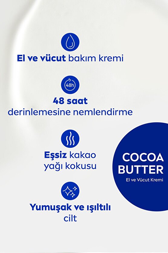 Cocoa Butter El Ve Vücut Bakım Kremi 400ml, 48 Saat Nemlendirici Serum, E Vitamini, Kakao Yağı