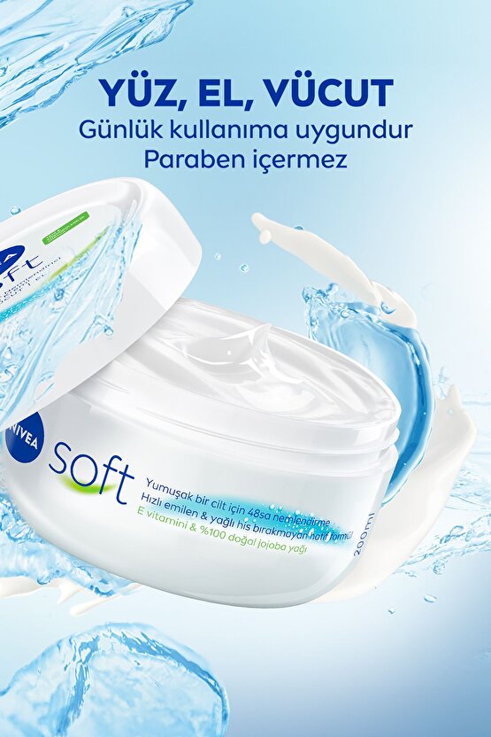 Soft Nemlendirici Bakım Kremi 300ml, Jojoba Yağı, E Vitamini, Hızlı Emilir, El Yüz Vücut İçin