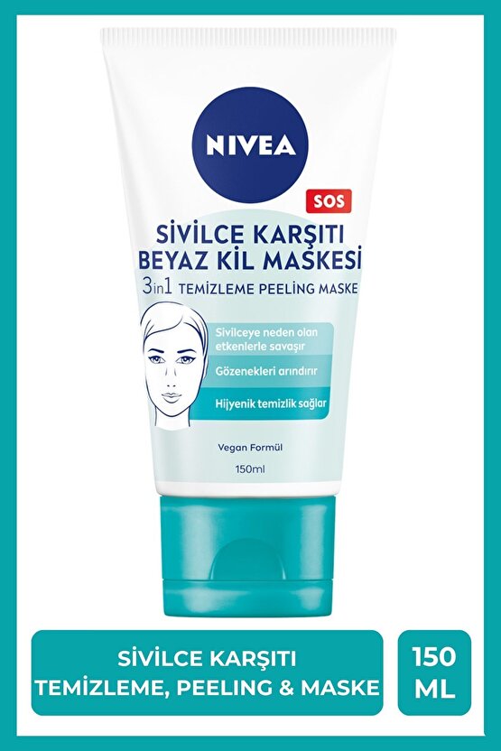 3in1 Sivilce Karşıtı Beyaz Kil Maskesi 150ml, Temizleyici, Peeling, Maske, Gözenek Arındırıcı