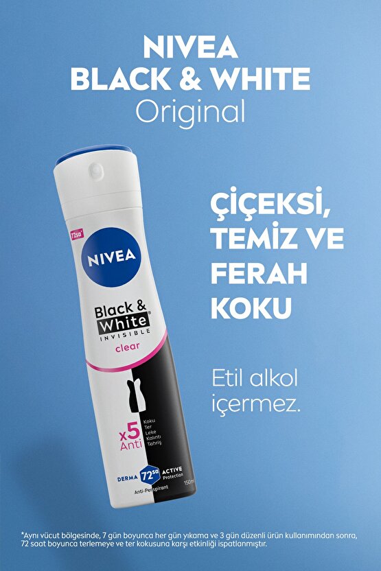 Kadın Sprey Deodorant Black&White Invisible Clear 150ml, 72 Saat Anti-perspirant Ter Koruması