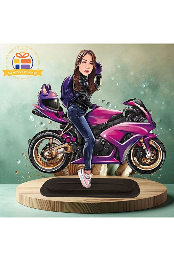 Pembe Motorsikletli  karikatürü biblo hediye  3d masa üstü biblo hediyesi