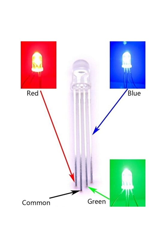 5 Adet - Rgb Led 5mm Şeffaf Katot 4 Bacaklı Katod Arduino Raspberry