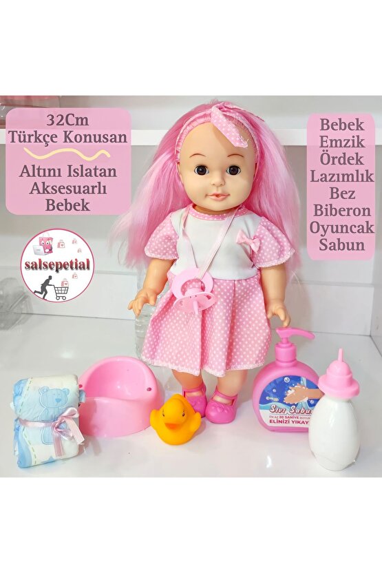 Büyük Boy Türkçe Konuşan Altını Islatan Et Bebek Aksesuarlı Oyuncak Sesli Et- Plastik Bebek 32cm