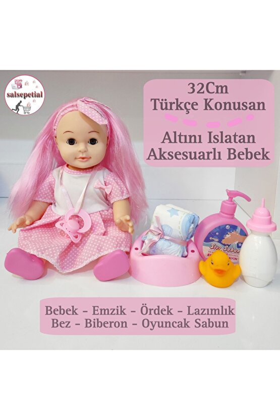 Büyük Boy Türkçe Konuşan Altını Islatan Et Bebek Aksesuarlı Oyuncak Sesli Et- Plastik Bebek 32cm