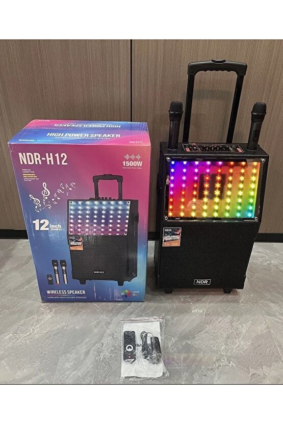 DEV PARTY SPEAKER ÇİFT KABLOSUZ MİKROFONLU ŞARJLI BLUETOOTH HOPARLÖR RGB IŞIKLI TEKERLEKLİ HOPARLÖR