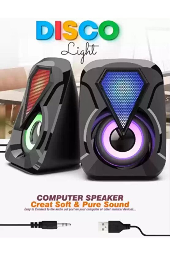 1+1 Bilgisayar Laptop Hoparlörü Led Işıklı Speaker Usb Beslemeli 3.5mm Jack Girişli Hoparlör