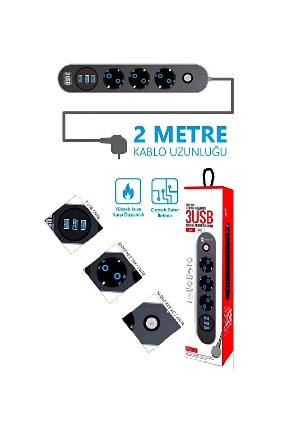 3 Soket 3 Usb Şarj Termal Akım Korumalı Priz 2 Metre Kablo Çoklu Priz 3 lü Priz