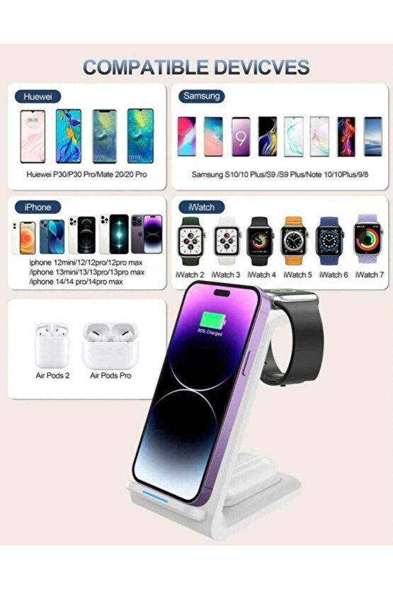 20w Wireless Şarj Standı Apple Iphone Airpods Watch  Android 3-ın-1 Uyumlu Kablosuz Şarjlı Standı