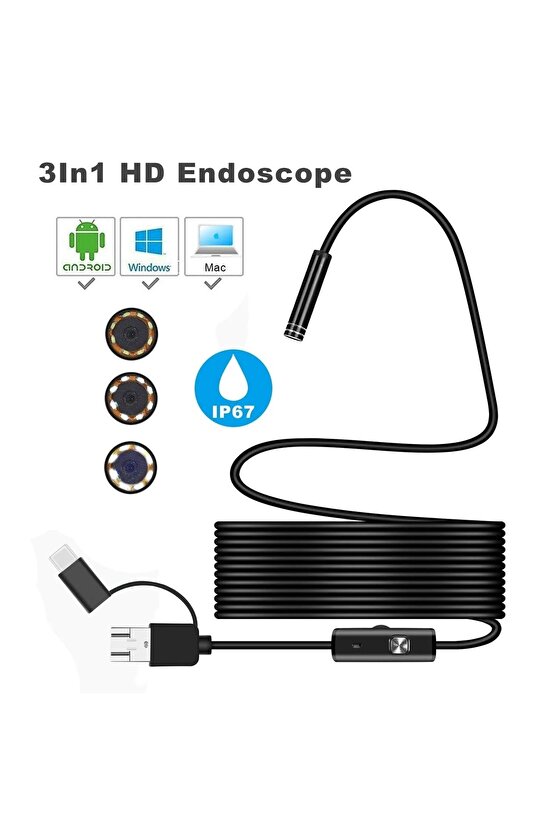 3ü 1 Arada Endeskop Kamera Mikrofon Usb Ve Tip-c 6 Led Su Geçirmez 10 Metre Borescope Yılan Kamera