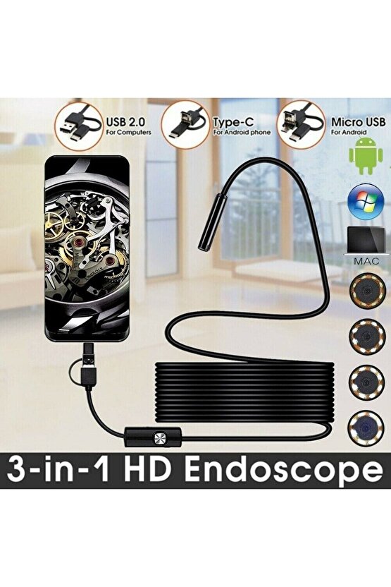 3ü 1 Arada Endeskop Kamera Mikrofon Usb Ve Tip-c 6 Led Su Geçirmez 5 Metre Borescope Yılan Kamera