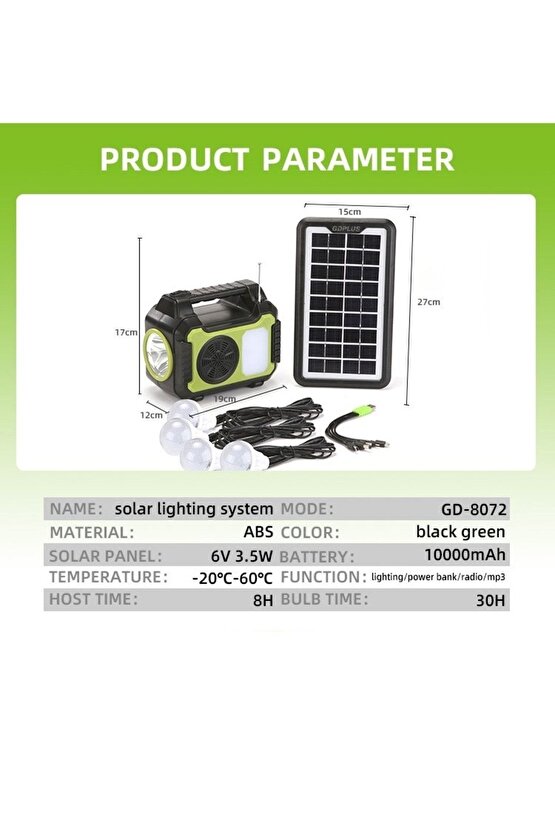 Güneş Enerji Panelli Solar Güç Sistemi Powerbank Kamp Doğa Balık Karavan Fener Fm Bluetooth Müzik