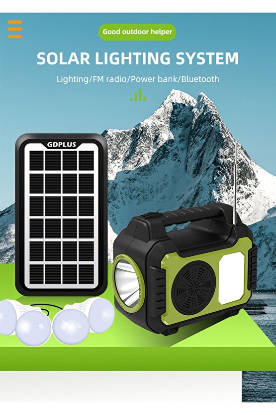 Güneş Enerji Panelli Solar Güç Sistemi Powerbank Kamp Doğa Balık Karavan Fener Fm Bluetooth Müzik