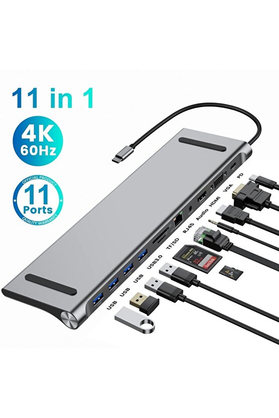 Type C Adaptör 11 In 1 Usb Hub Hdmi Lan Vga Sd Tf Kart Usb Type C Macbook Çevirici