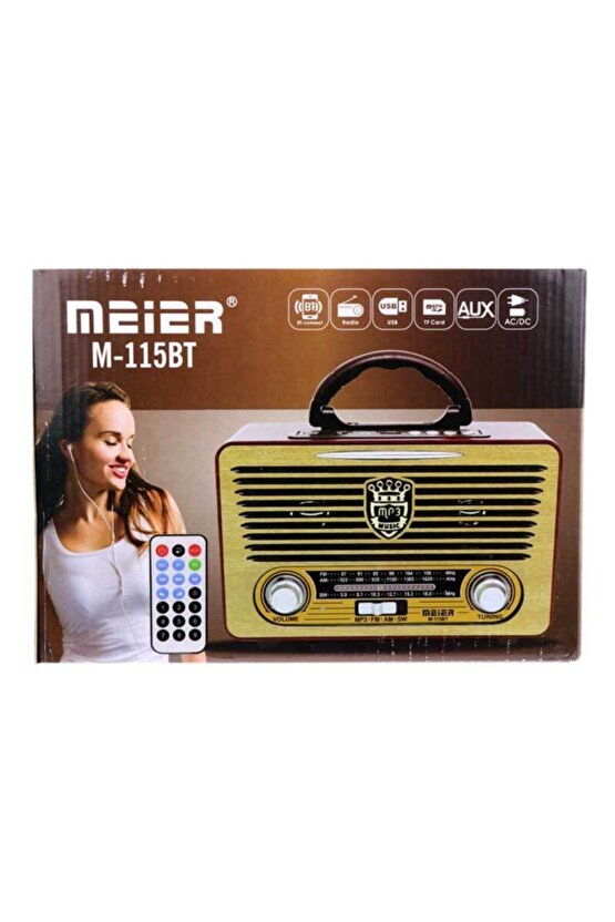 Meier M-115bt Koyu Renk Nostaljik Radyo Ahşap Görünümlü Bluetooth Hoparlör Fm Sd Kart Usb Girişi