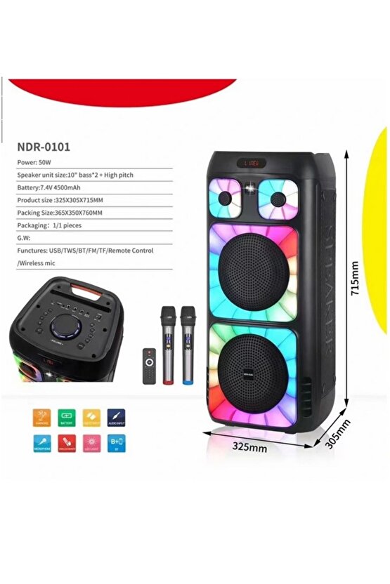 Süper Bass Büyük Boy Bluetooth Hoparlör Led Işıklı Çift Hoparlör Kablosuz Mikrofonlu Karaoke Speaker