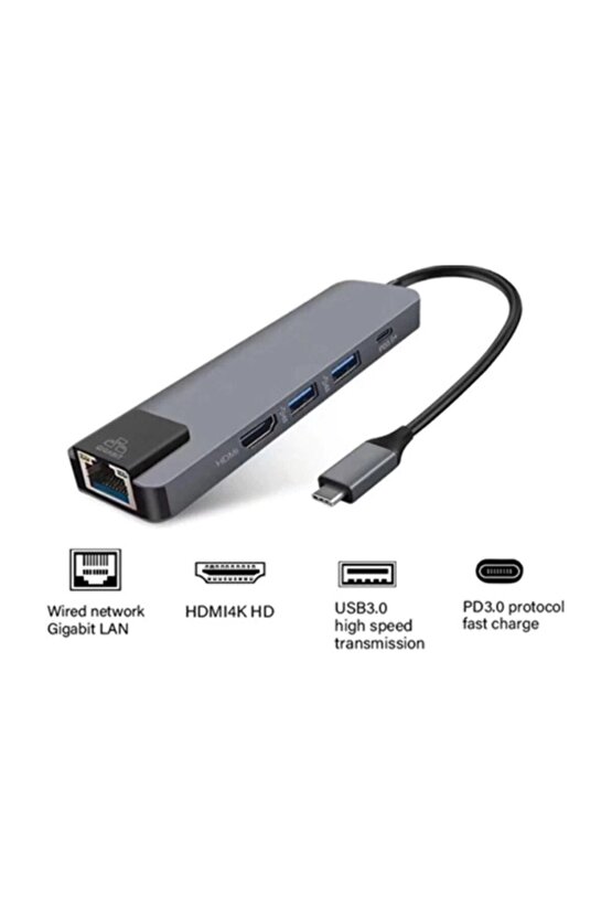 5 In 1 Usb Type C - 4k Hdmi Hdtv Lan Usb 3.0 Usb Pd Hub Adaptörü