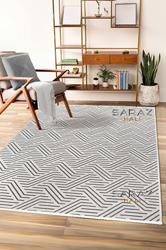 Ada Kilim Modern Salon Mutfak Koridor Kesme Yolluk Dokuma Makine Halısı zigzag krem