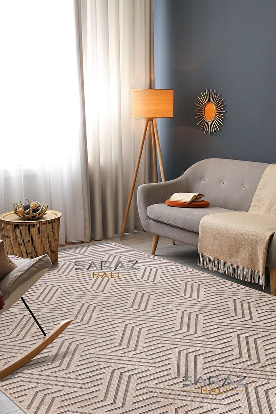 Ada Kilim Modern Salon Mutfak Koridor Kesme Yolluk Dokuma Makine Halısı zigzag vizon