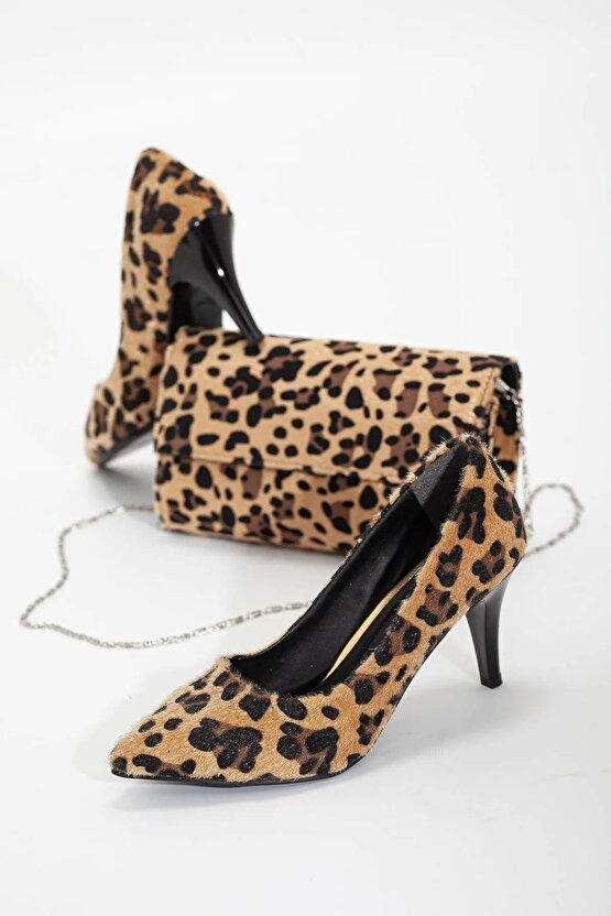 Kadın Ince Yüksek Topuklu Stiletto Ve Çanta Takımı Leopar Stiletto 8 Cm