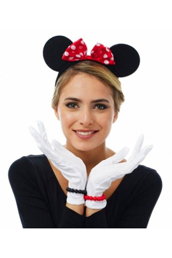 Samur Parti Parti Aksesuar & Kostüm Parti Kırmızı Fiyonklu Minnie Mouse Tacı Ve Beyaz Eldiven Seti