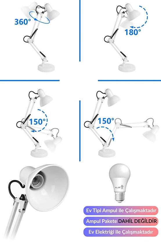 Metal Masa Lambası, Akrobat Yaylı 360° Açılı Ayarlanabilir, Hareketli Modern Çalışma Masası Lambası
