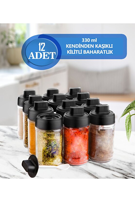 Kilitli Çevirmeli Etiketli 12 Adet Kapağı Kendinden Kaşıklı Baharatlık Mat Kapaklı