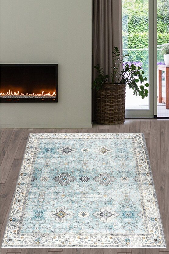 Dijital Baskı Yıkanabilir Kaymaz Taban Krem Mavi Prizma Model Salon Halısı Ve Kilim Yolluk Halı