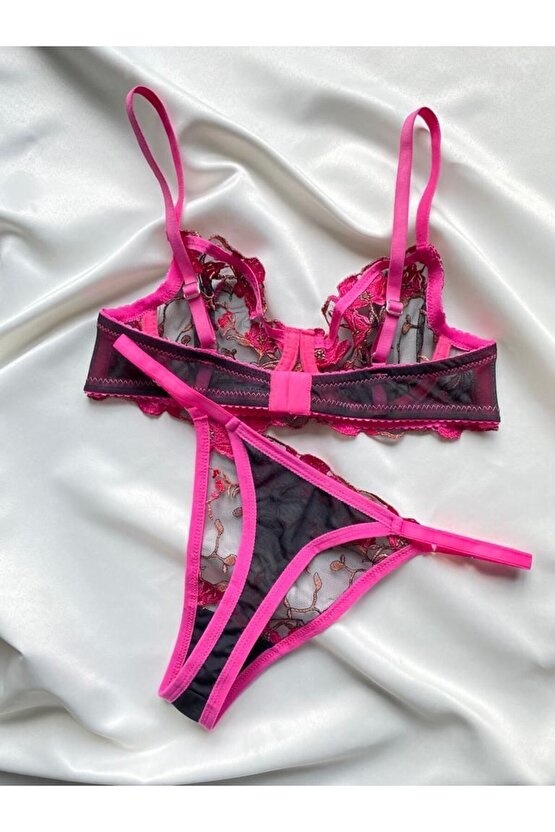 Sirius Lingerie Arona Fuşya Siyah Çiçek Nakış Işlemeli Dantelli Balenli Tanga Bralet Takım