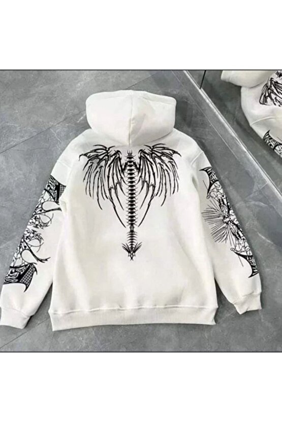 beyaz sweatshirt kapüşonlu 3 iplik şardonlu oversize baskı detay unısex