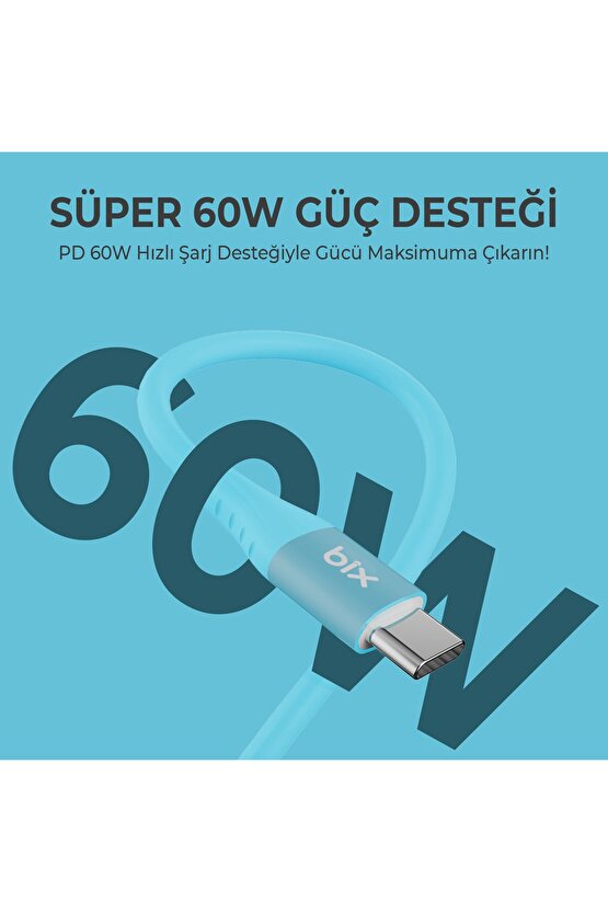 Bxsc1cc 60w Type-c To Type-uyumlu C Silikon Şarj Ve Data Kablosu 1.2 Metre Mavi