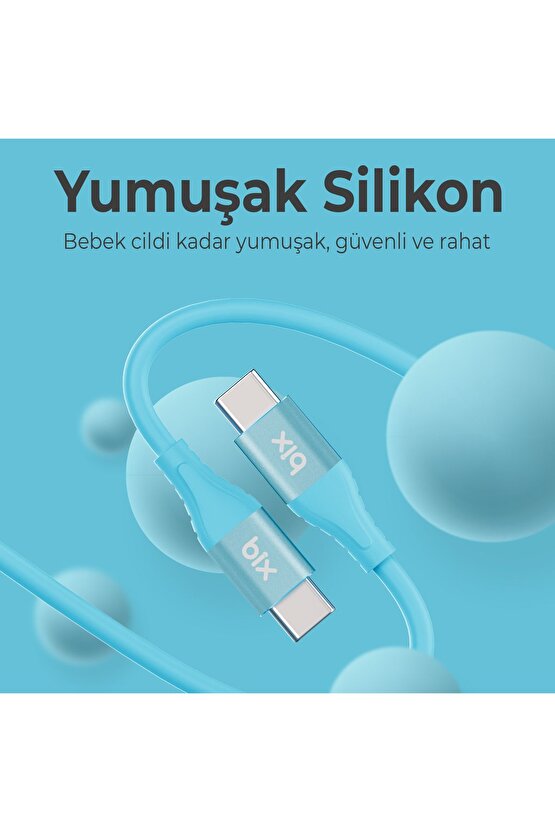 Bxsc1cc 60w Type-c To Type-uyumlu C Silikon Şarj Ve Data Kablosu 1.2 Metre Mavi