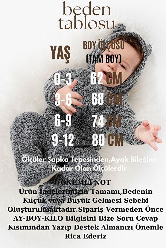 Welsoft Peluş Fermuarlı Kışlık Unisex Kız Erkek Bebek Uyku Tulumu Bebek Tulumu Çocuk Tulumu