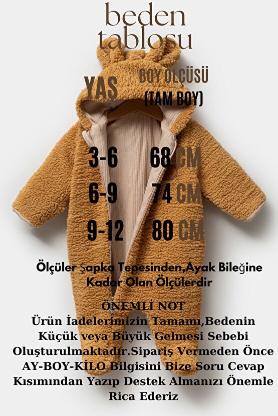 Welsoft Peluş Kuzu Fermuarlı Kışlık Unisex Kız Erkek Bebek Uyku Tulumu Bebek Tulumu Çocuk Tulumu