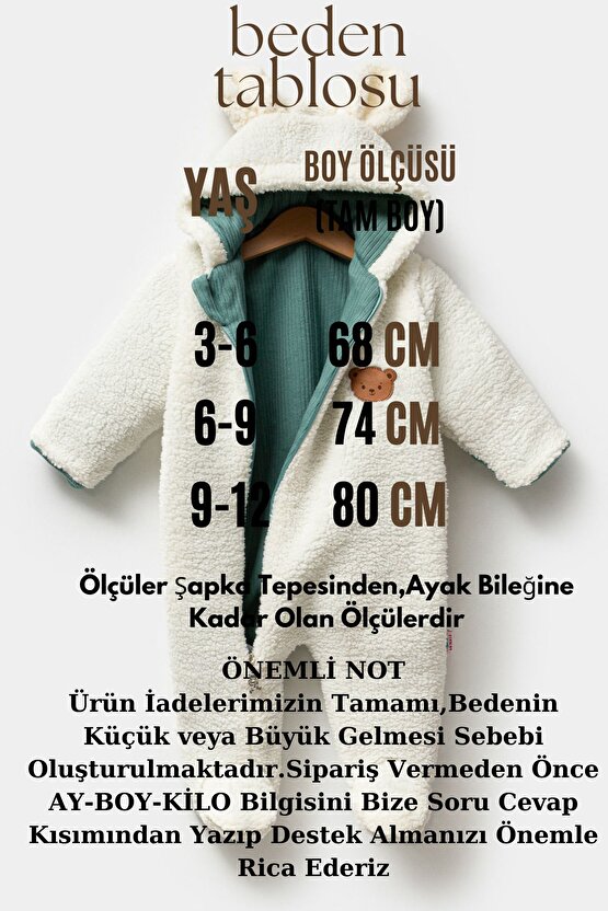 Welsoft Peluş Kuzu Fermuarlı Kışlık Unisex Kız Erkek Bebek Uyku Tulumu Bebek Tulumu Çocuk Tulumu