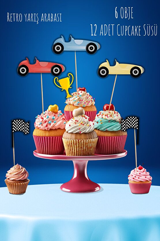 Retro Car Temalı 12’li Cupcake Ve Pasta Süsü