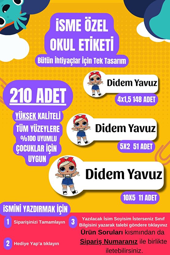 Okul Etiketi Özel İsimli LOL Bebek Karekterli Defter Çanta Matara Kalem Kişiye Özel İsimli Yazılı