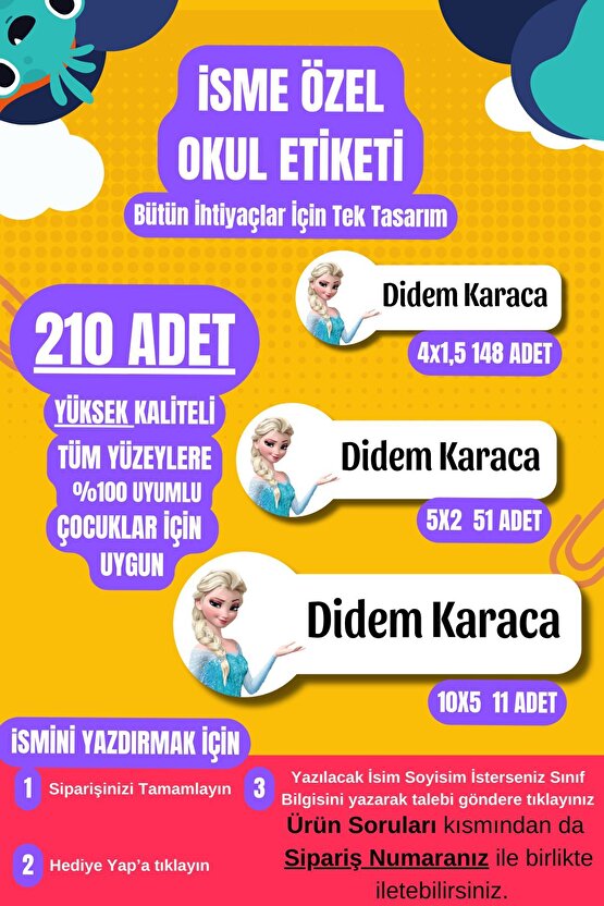 Okul Etiketi Özel İsimli Elsa Karekterli Defter Çanta Matara Kalem Kişiye Özel İsimli Yazılı