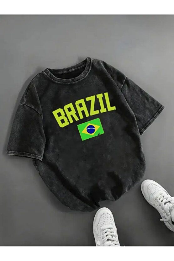 Unisex Brazil Yıkamalı Oversize Vintage Tshirt