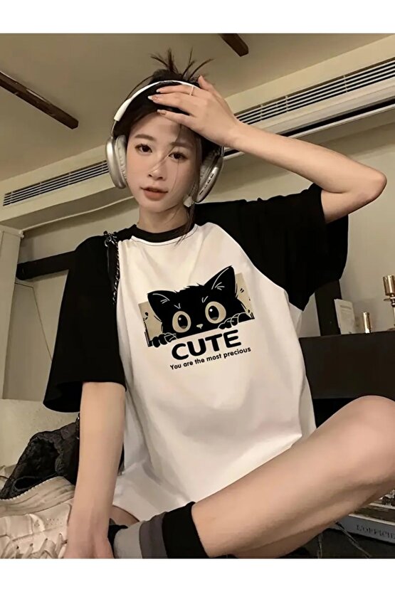 Cute Cat Beyaz Reglan Kol Oversize T-shirt