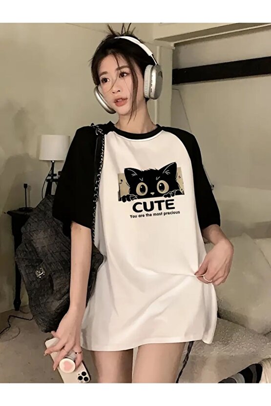 Cute Cat Beyaz Reglan Kol Oversize T-shirt