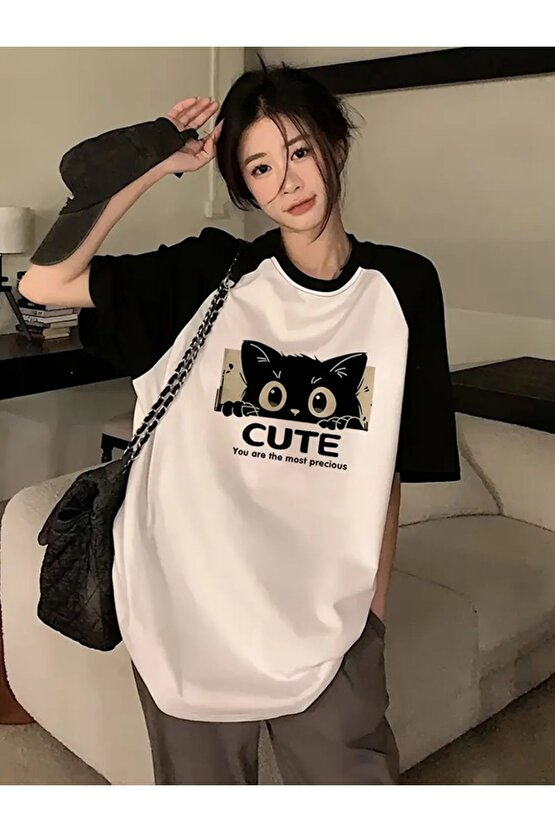 Cute Cat Beyaz Reglan Kol Oversize T-shirt