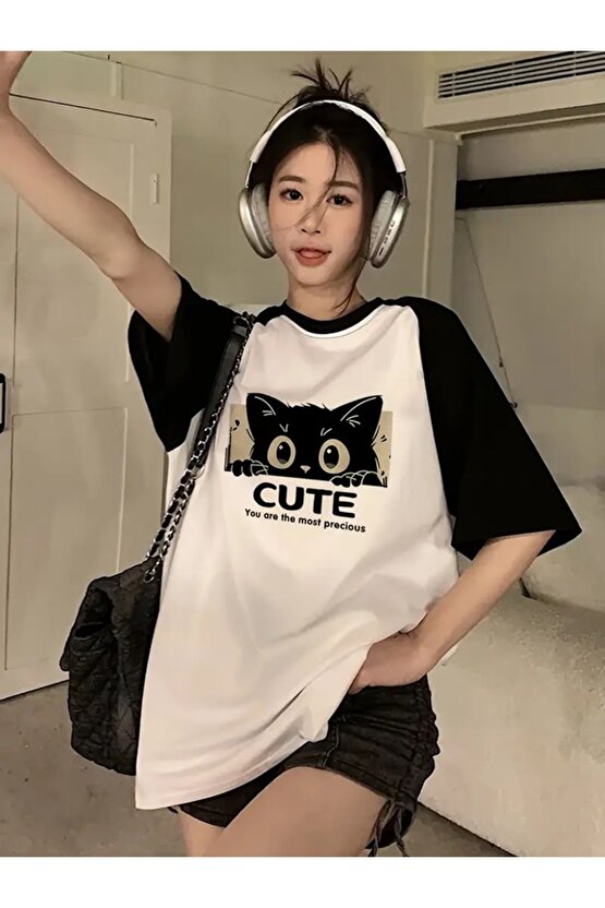 Cute Cat Beyaz Reglan Kol Oversize T-shirt