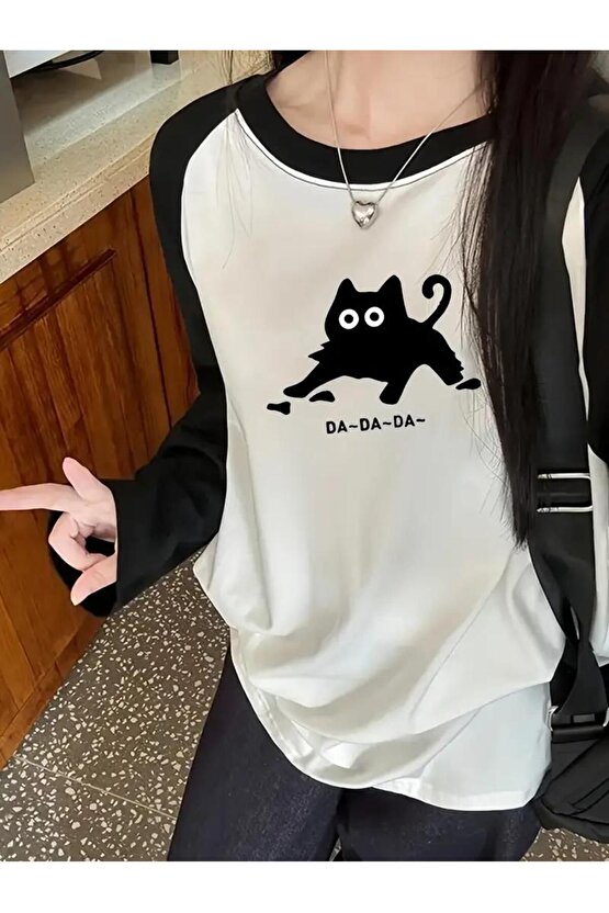 Black Cat Reglan Uzun Kollu Baskılı Beyaz T-Shirt