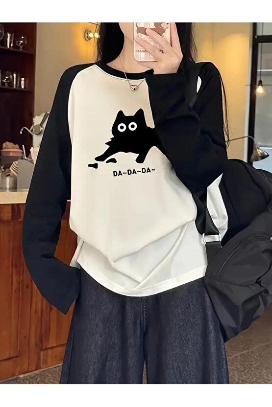 Black Cat Reglan Uzun Kollu Baskılı Beyaz T-Shirt