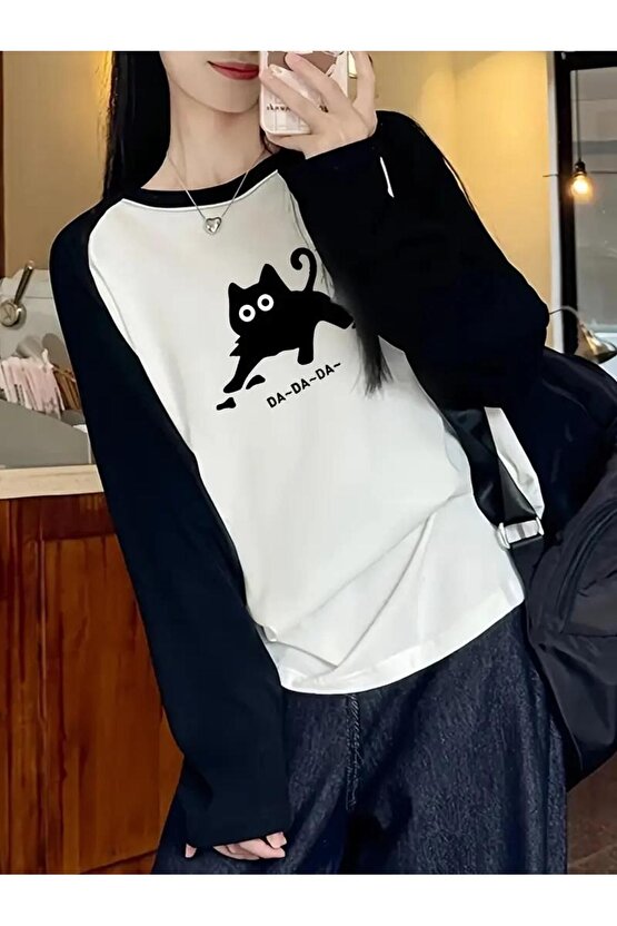 Black Cat Reglan Uzun Kollu Baskılı Beyaz T-Shirt