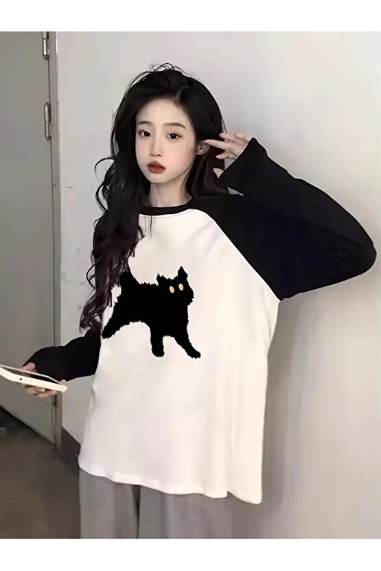 Black Cat Reglan Uzun Kollu Baskılı Beyaz T-Shirt