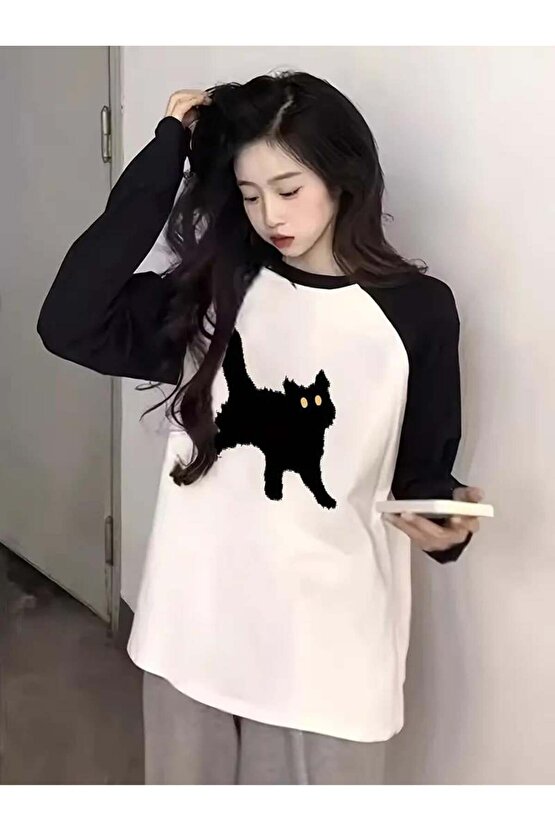 Black Cat Reglan Uzun Kollu Baskılı Beyaz T-Shirt