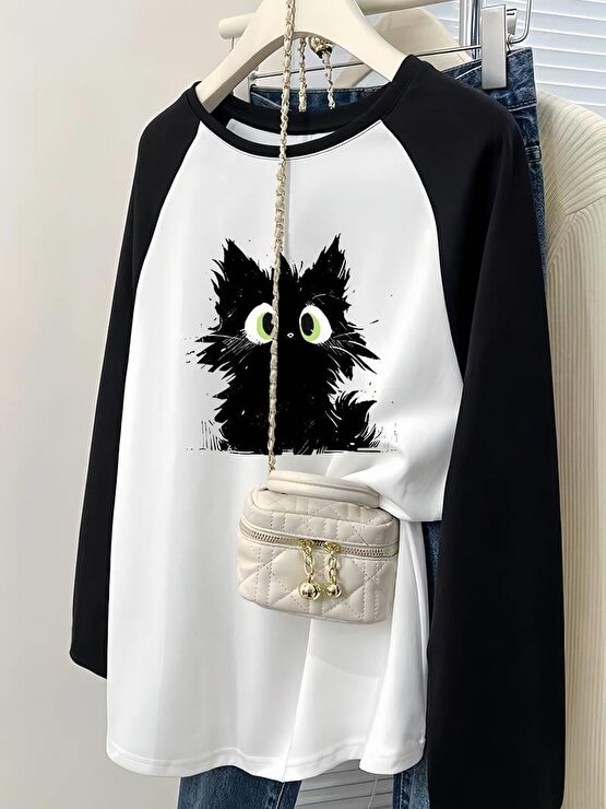 Black Cute Cat Reglan Uzun Kollu Baskılı Beyaz T-Shirt