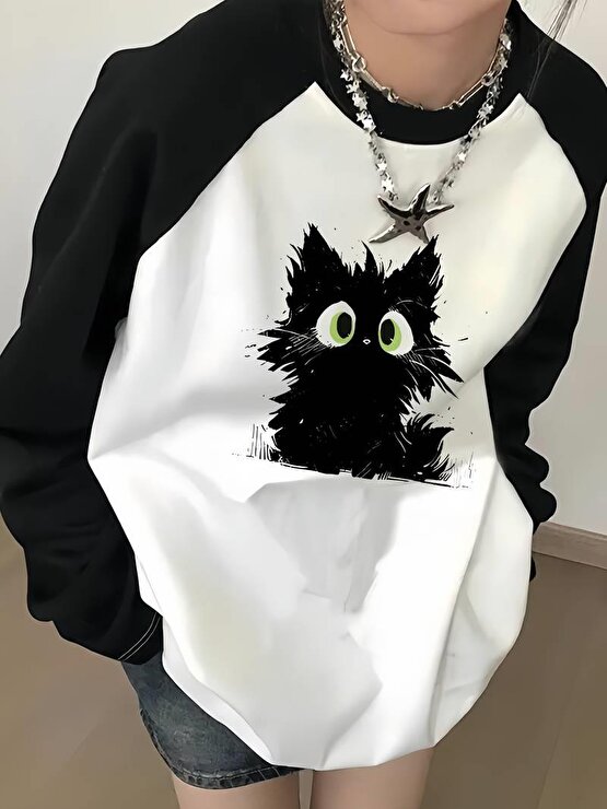 Black Cute Cat Reglan Uzun Kollu Baskılı Beyaz T-Shirt